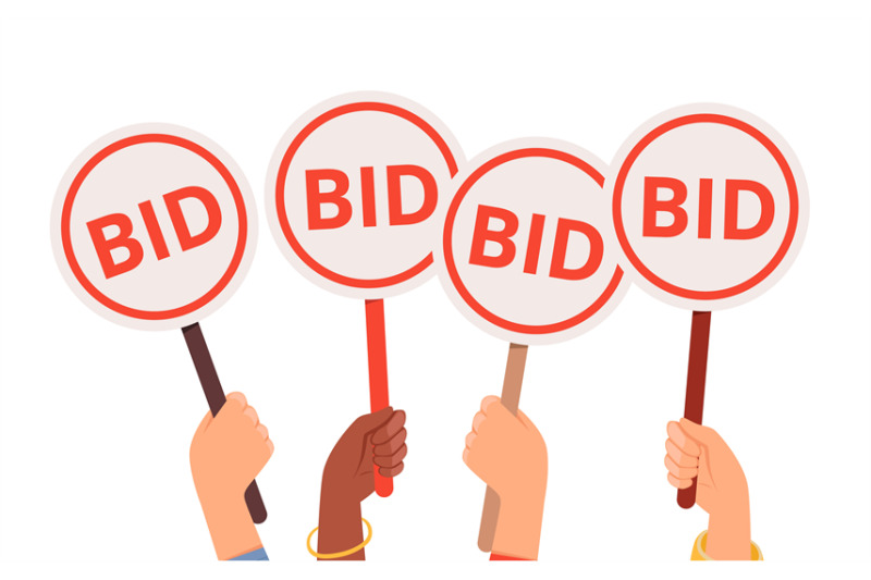 bidding-process-auction-paddles-flat-hand-holding-plates-finance-or