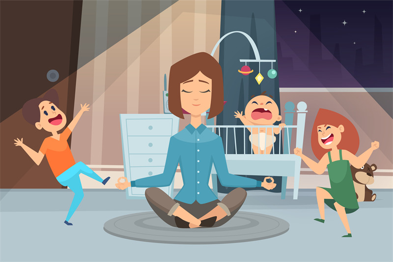 meditation-mother-calm-woman-and-crazy-children-young-mom-in-room-wi