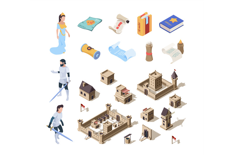 medieval-isometric-buildings-fairytale-symbols-warrior-knights-fortre