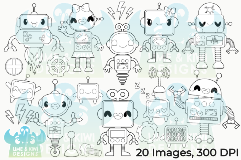 robots-digital-stamps-lime-and-kiwi-designs