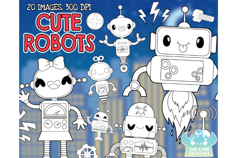 robots-digital-stamps-lime-and-kiwi-designs