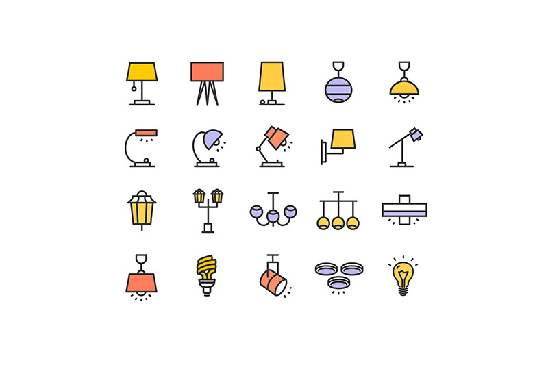 lamp-lighting-sign-color-thin-line-icon-set-vector