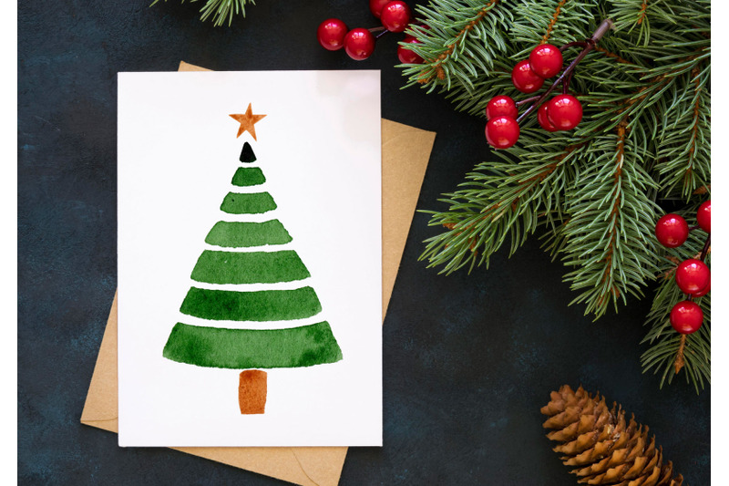 watercolor-christmas-card-green-christmas-tree-simple-christmas
