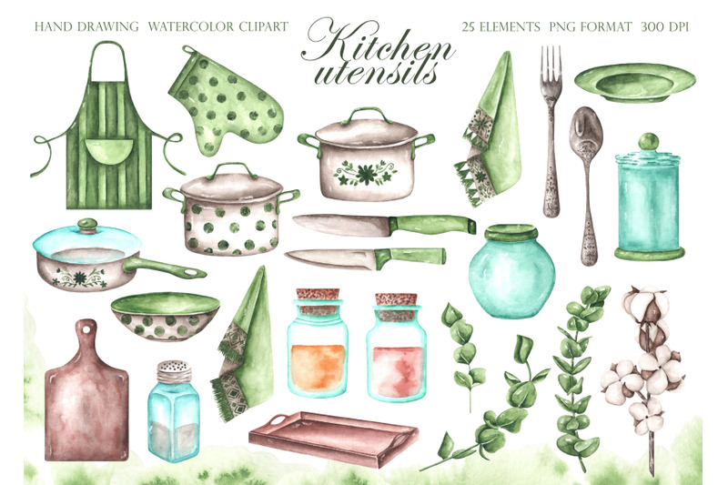 kitchen-utensils-watercolor-clipart-kitchenware-recipe-cookbook