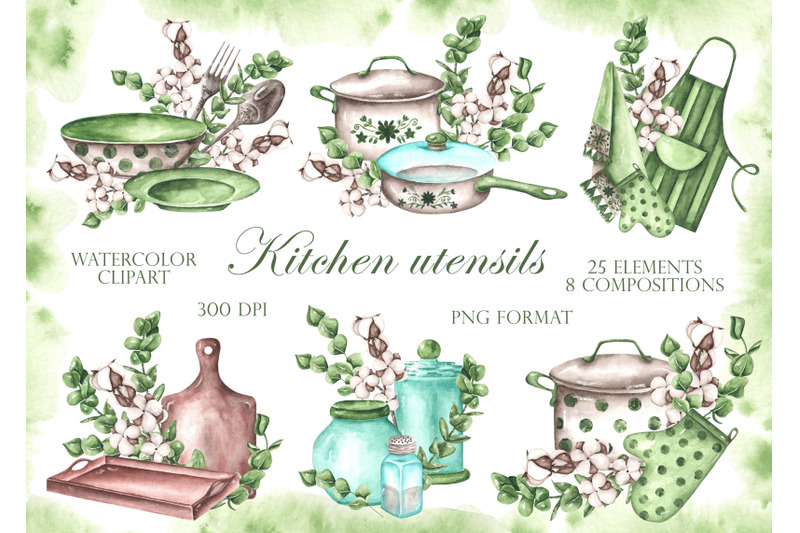 kitchen-utensils-watercolor-clipart-kitchenware-recipe-cookbook