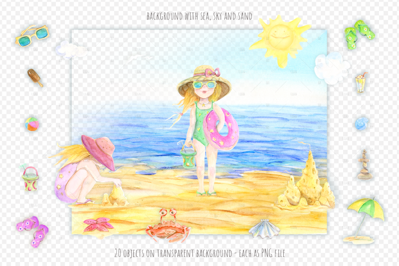 girl-on-the-beach-watercolor-illustrations-3-patterns