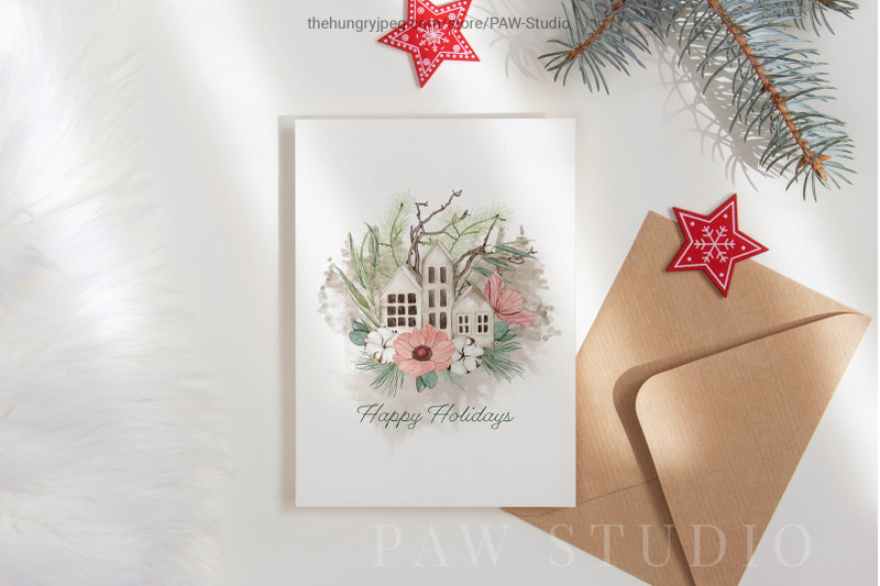 christmas-cards-xmas-boho-watercolour-clipart-winter-bouquet-wreath