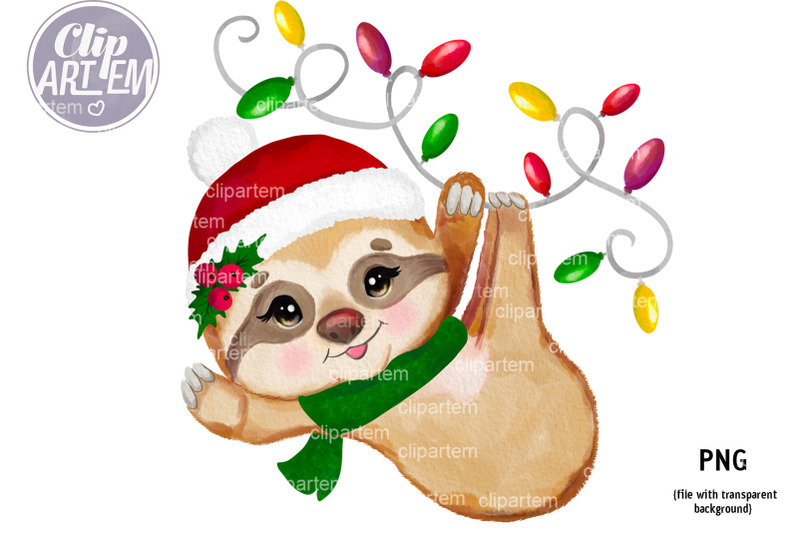 happy-christmas-baby-girl-sloth-png-watercolor-sublimation-clip-art