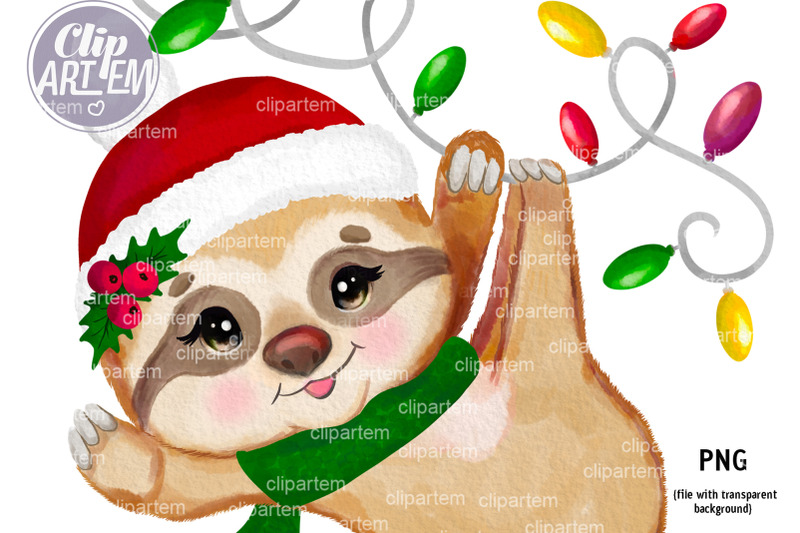 happy-christmas-baby-girl-sloth-png-watercolor-sublimation-clip-art