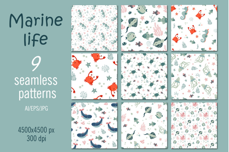 marine-life-seamless-patterns