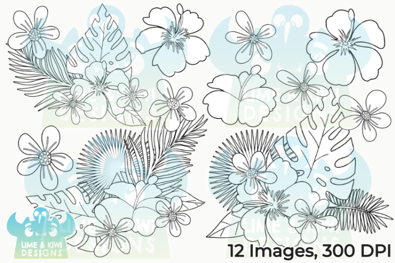 tropical-flowers-digital-stamps-lime-and-kiwi-designs