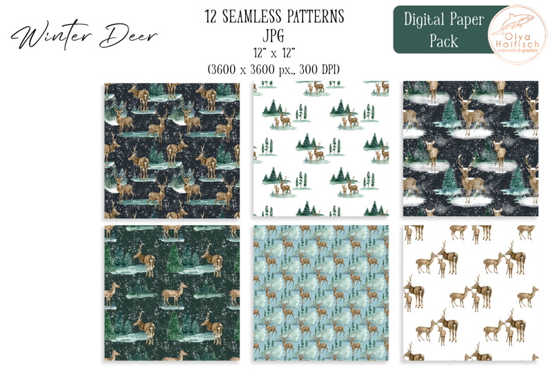 watercolor-deer-digital-paper-pack-winter-woodland-seamless-patterns
