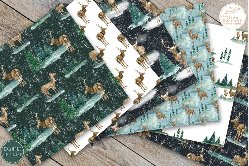 watercolor-deer-digital-paper-pack-winter-woodland-seamless-patterns