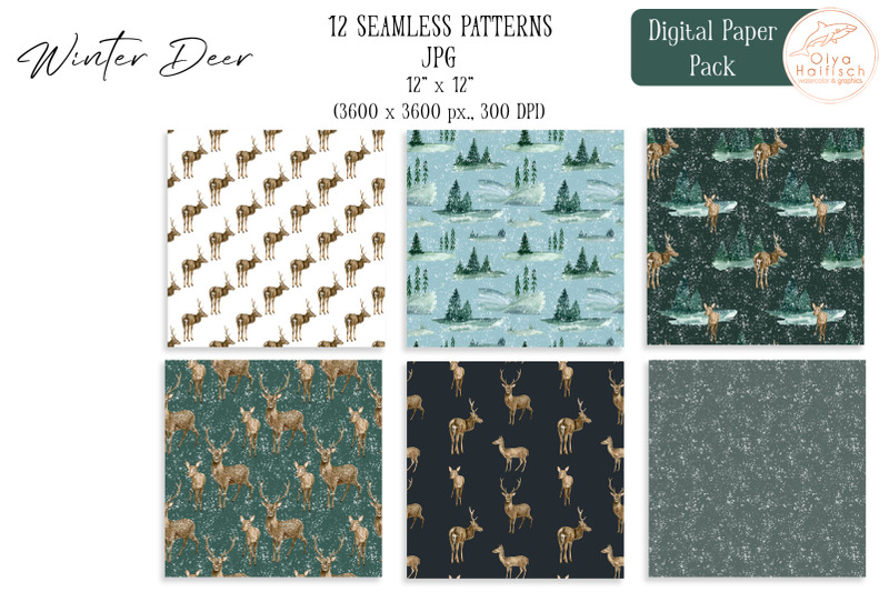 watercolor-deer-digital-paper-pack-winter-woodland-seamless-patterns