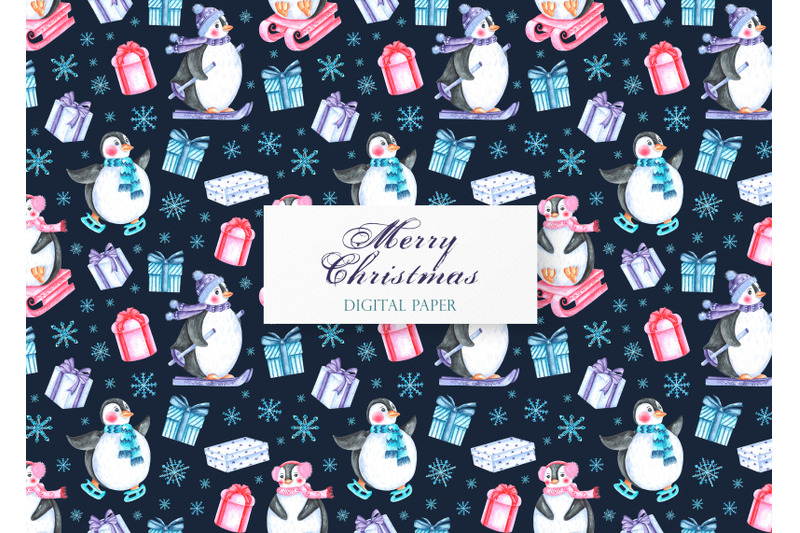 penguins-watercolor-digital-paper-seamless-pattern-christmas