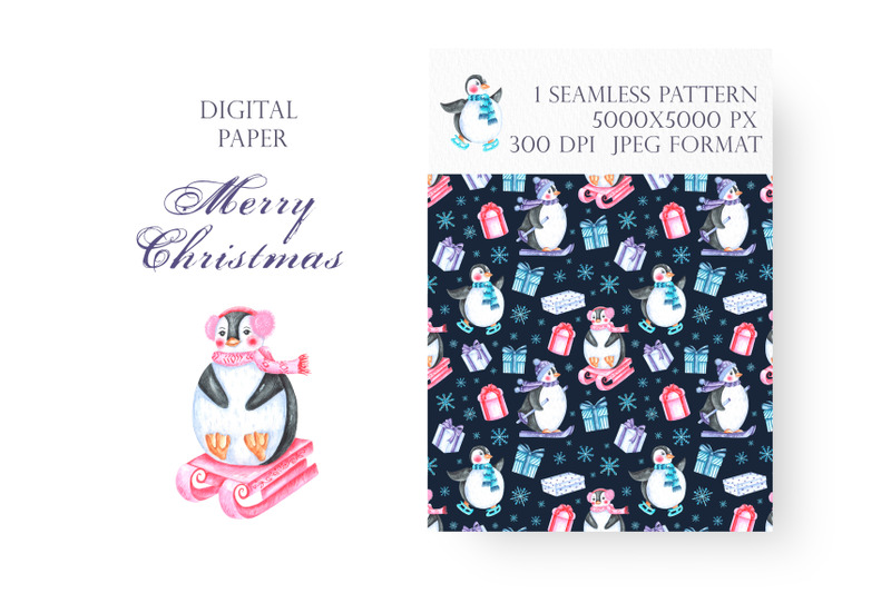 penguins-watercolor-digital-paper-seamless-pattern-christmas