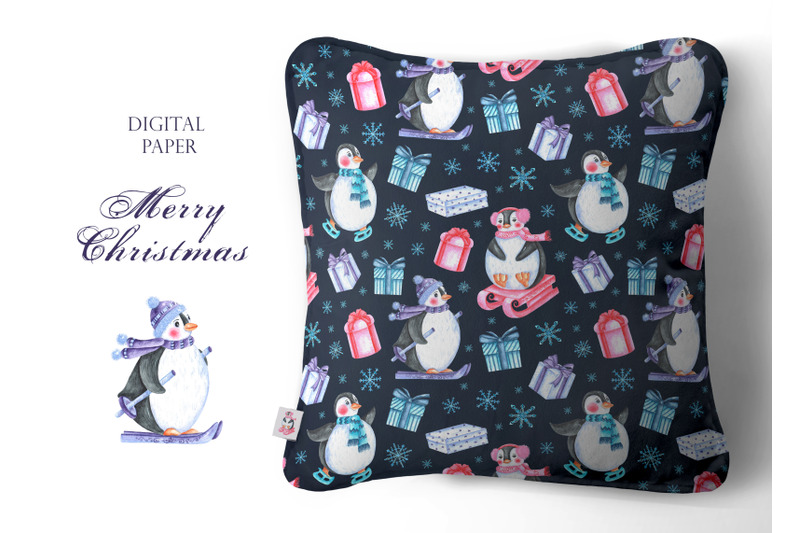 penguins-watercolor-digital-paper-seamless-pattern-christmas