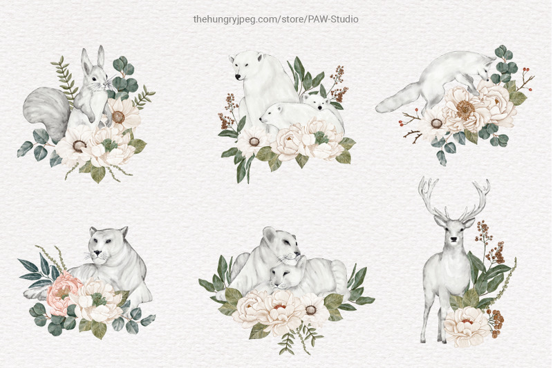 wild-animals-watercolor-clipart-flowers-leaves