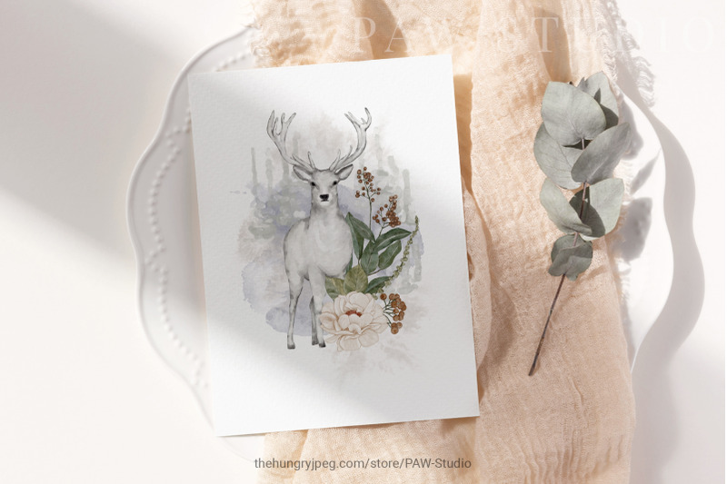 wild-animals-watercolor-clipart-flowers-leaves