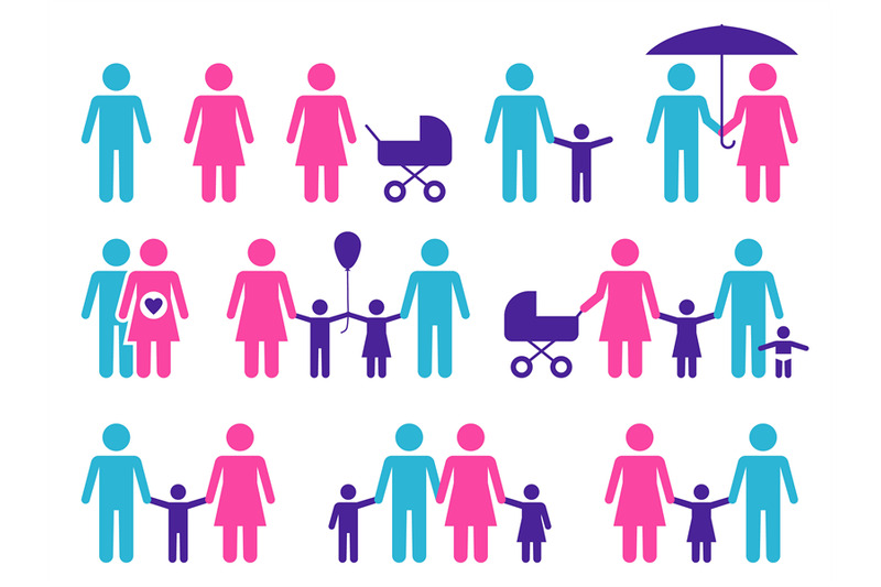 color-family-icons-happy-parents-and-children-simple-signs-of-couple