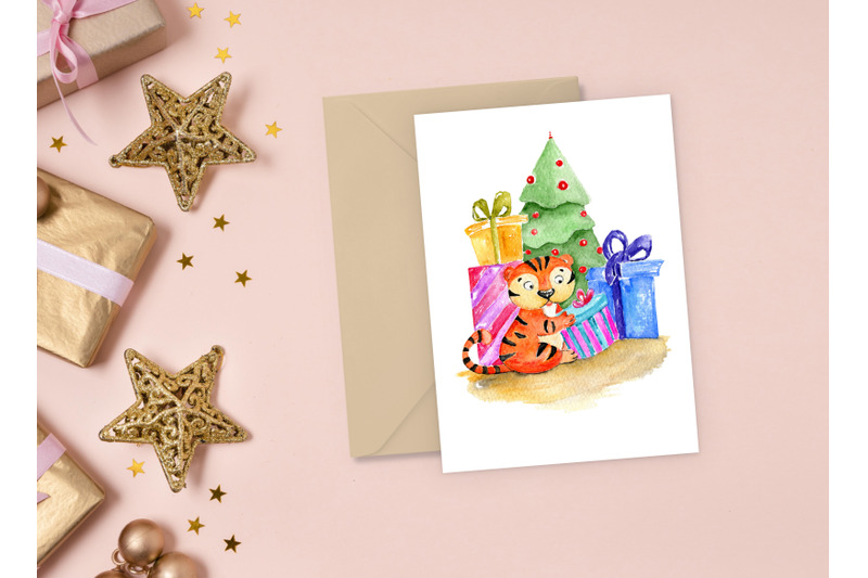 christmas-card-template-with-cute-tiger-illustration