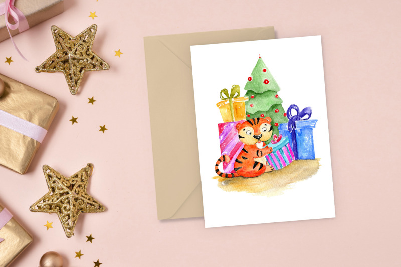 christmas-card-template-with-cute-tiger-illustration