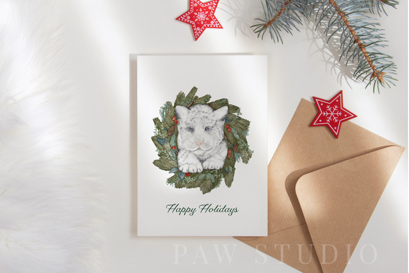 tiger-2022-christmas-wreath-watercolour-clipart-winter-holiday-card