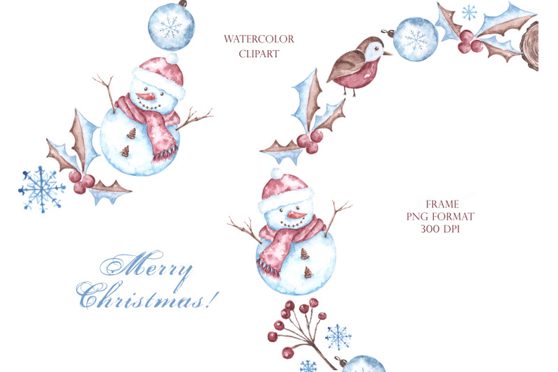 snowman-watercolor-clipart-frame-wreath-christmas-new-year-winter