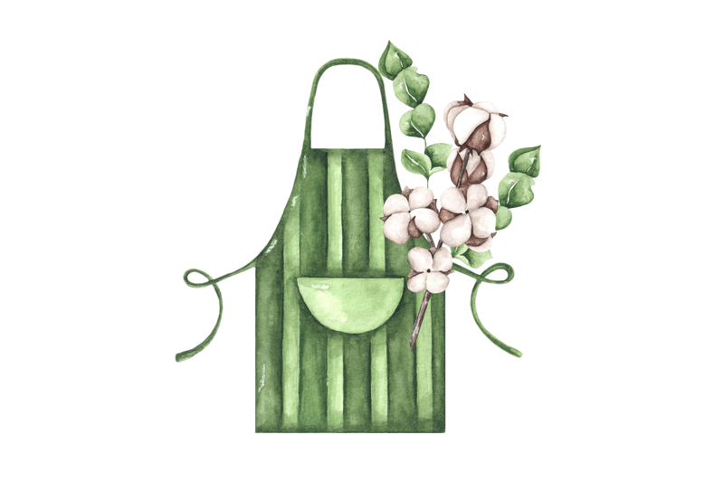 green-apron-watercolor-illustration-baking-logo-cookbook-kitchen