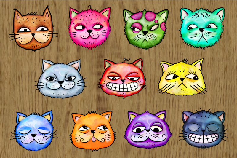 cute-watercolor-doodle-cat-faces