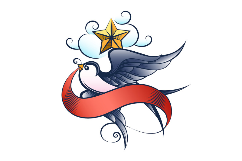 flying-swallow-with-star-and-ribbon-colorful-tattoo