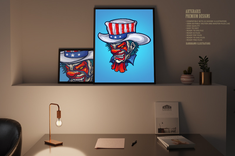 evil-clown-american-hat-halloween-illustrations