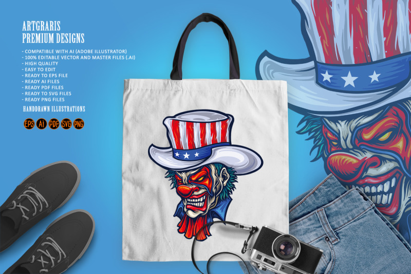 evil-clown-american-hat-halloween-illustrations