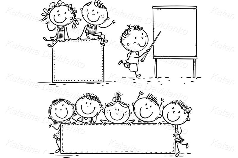 doodle-kids-with-blank-frames-and-deskboard