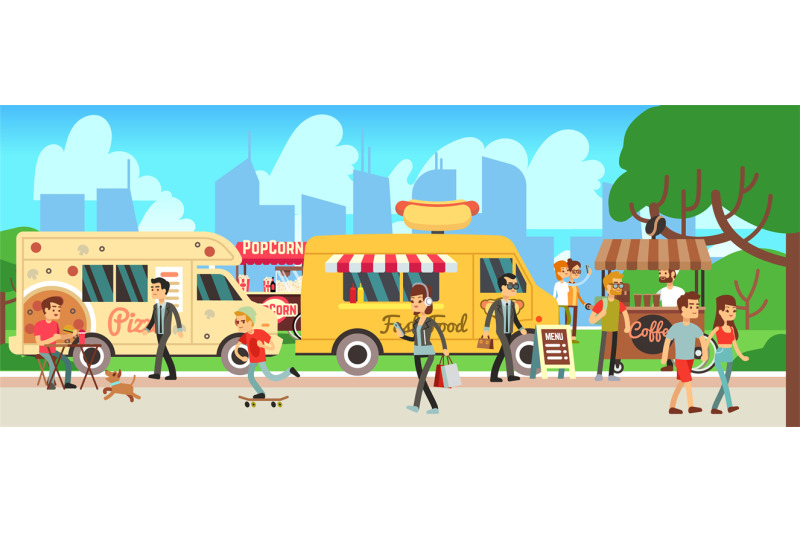 street-food-market-people-walking-city-park-cartoon-fast-food-trucks