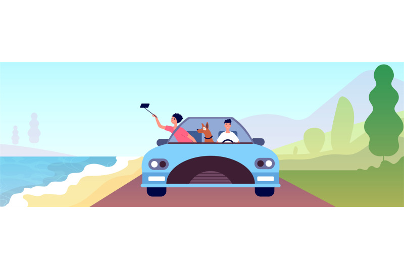 couple-trip-person-car-travel-honeymoon-on-beach-with-dog-country-a