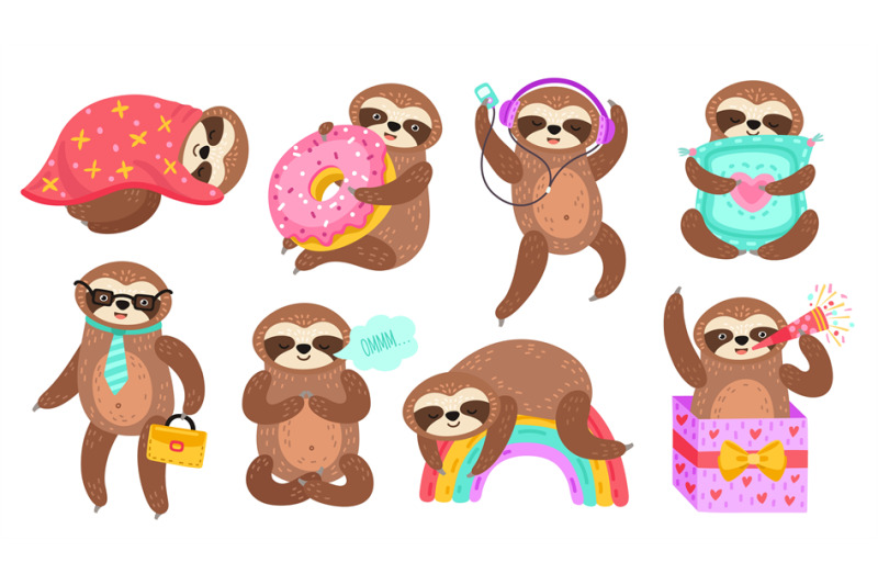 sloth-characters-isolated-sloths-lazy-funny-cartoon-animal-reading