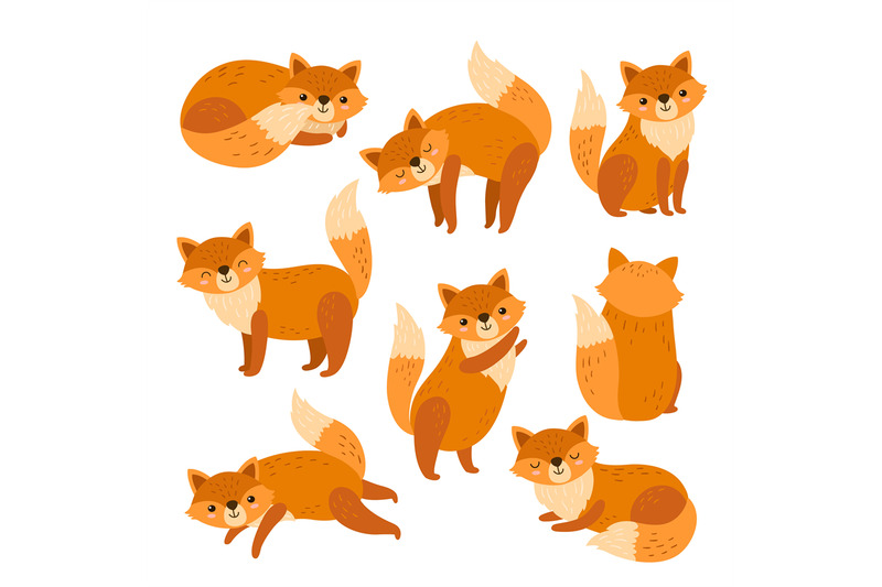 fox-characters-cute-cartoon-red-foxes-funny-animal-running-standing