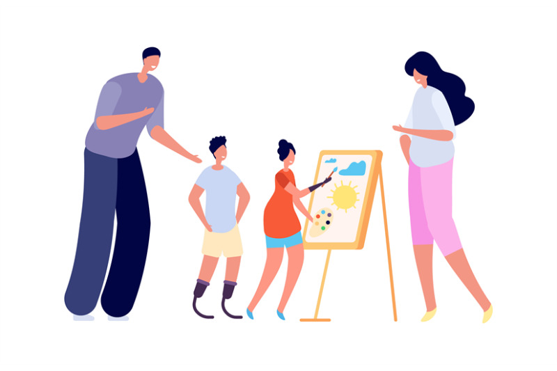 family-time-happy-parents-disabled-children-learning-drawing-flat-a