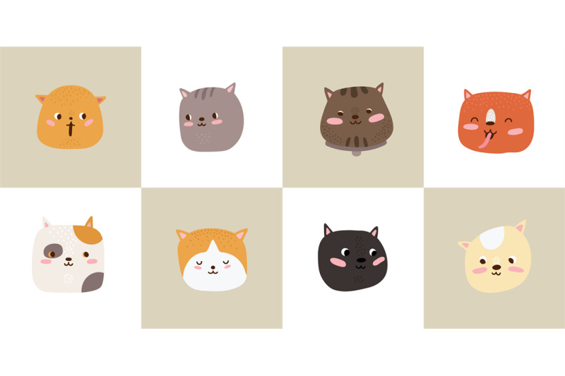 cute-cats-cartoon-cat-heads-kitten-faces-cards-set-flat-adorable-pe