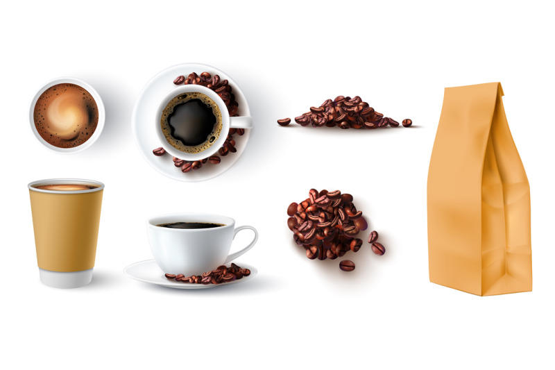 realistic-coffee-cups-paper-package-and-beans-pile-top-view-fresh-es