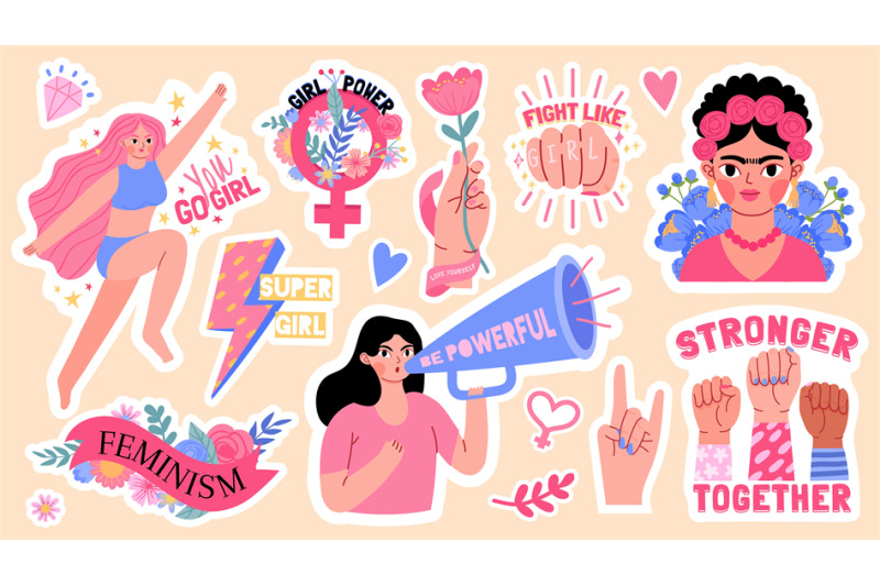 cartoon-stickers-with-feminism-symbol-and-quote-girl-power-women-rig