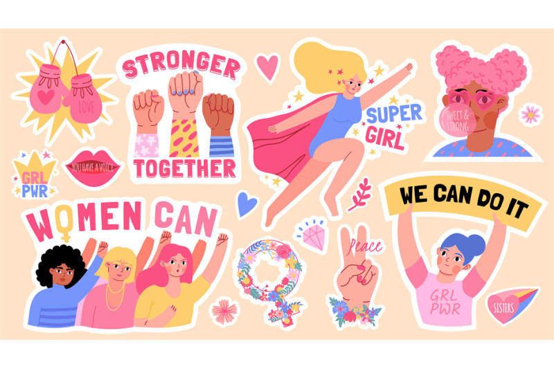 flat-girls-power-stickers-with-fists-up-and-feminism-slogans-strong-b