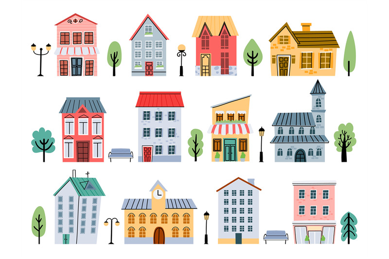 cartoon-town-street-buildings-houses-shops-trees-and-flashlight-for