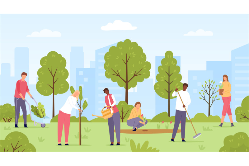 flat-ecology-volunteers-planting-trees-and-flowers-in-city-park-publi