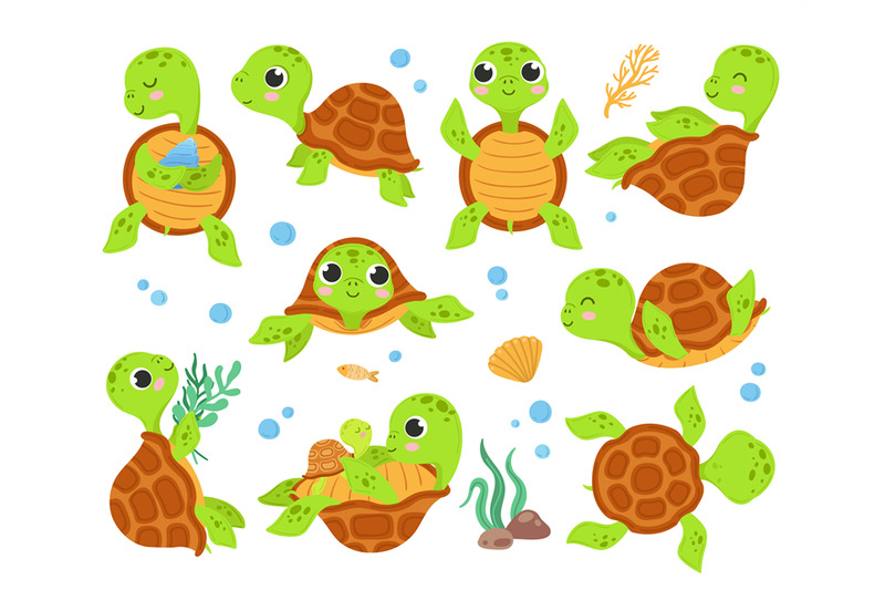 cartoon-turtles-animal-tortoise-smiling-turtle-different-poses-walk