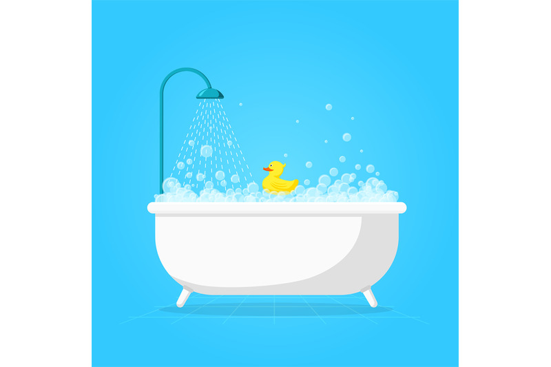 cartoon-bathtub-with-foam-cute-white-tub-shower-soap-bubble-and-duck