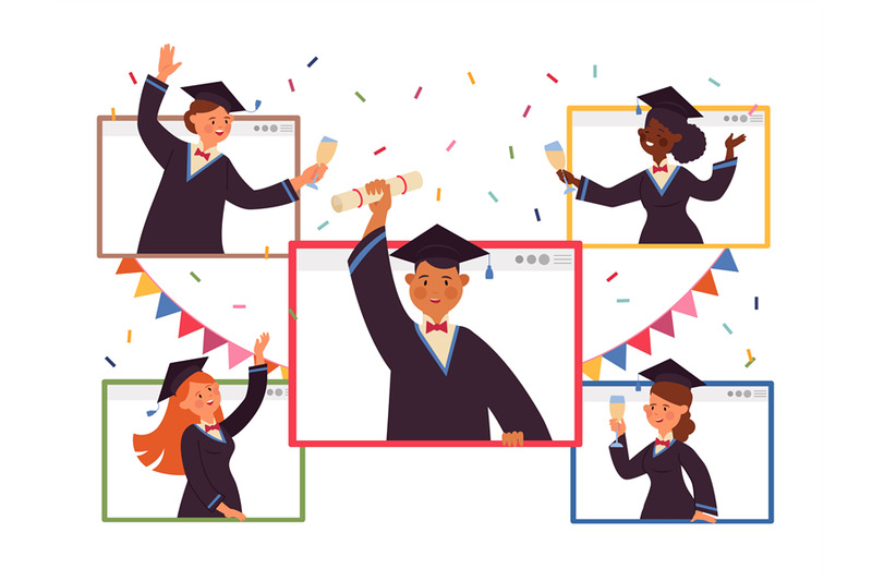 online-graduation-virtual-party-people-celebration-on-video-graduat