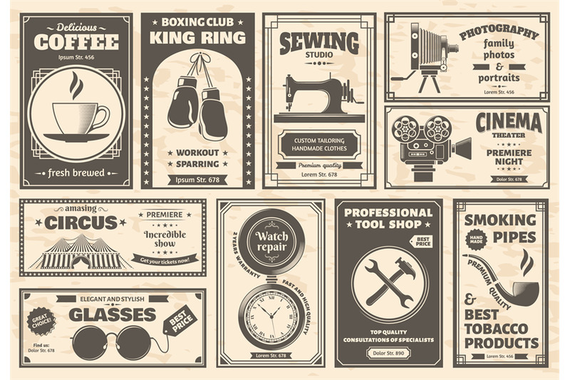 retro-newspaper-goods-and-services-old-advertising-banners-vintage-ne