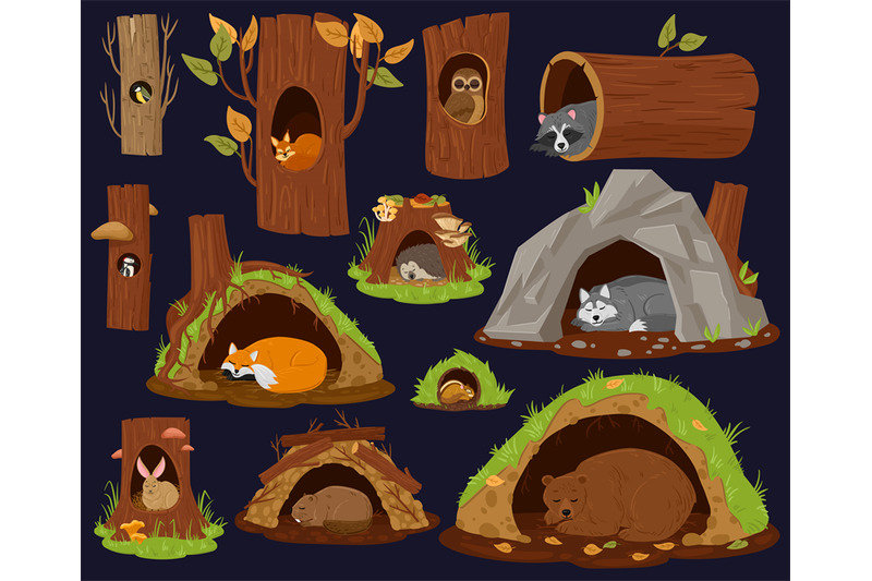 cartoon-woodland-animals-sleeping-inside-burrow-hollow-nest-forest